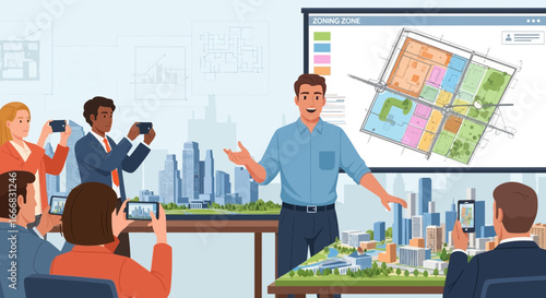 Architectural presentation showcasing city zoning regulations and urban planning