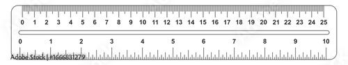 Ruler 25 cm, 10 inch. Set of ruler 25 cm 10 inch. Measuring tool. Ruler scale. Grid cm, inch. Size indicator units. Metric Centimeter, inch size indicators.