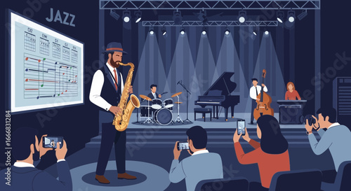 Energetic jazz performance with saxophone player and diverse band on stage