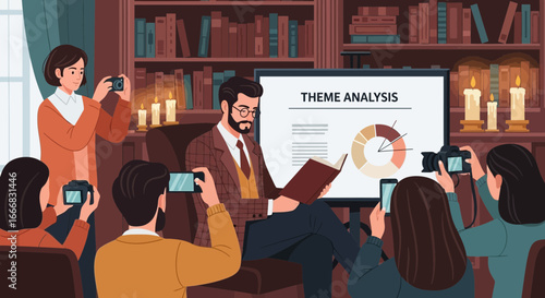 Literary event showcasing a scholar with audience capturing the moment in academia