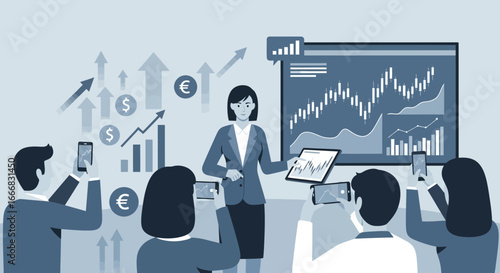 Businesswoman's financial insights presentation with upward growth projections