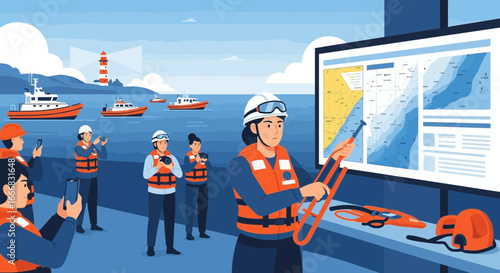 Coastguard team collaborating on maritime navigation and safety using technology