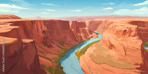 A majestic red rock canyon with a winding blue river, depicted in a vibrant, flat vector illustration style.