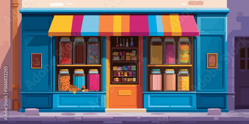 Vibrant illustrated storefront with a colorful striped awning and jars of goods in the window.