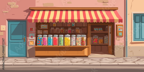 Charming old-fashioned candy shop facade with a striped awning and colorful jars of sweets.
