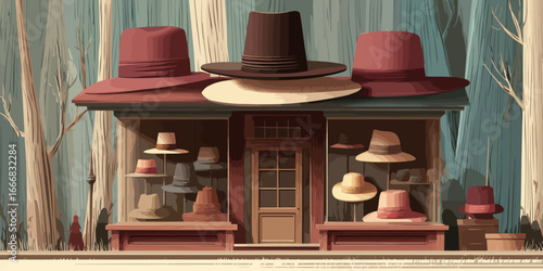 Stylized illustration of a charming hat shop with a variety of classic hats on display, featuring an oversized hat roof.