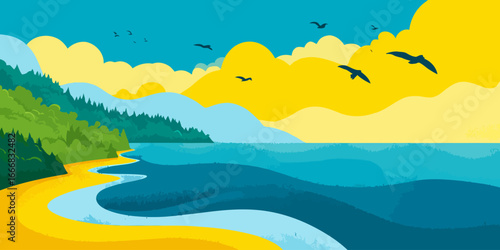 Colorful flat vector illustration of a coastal landscape with a sandy beach, blue sea, and flying birds.