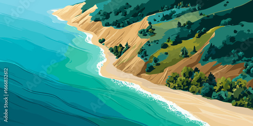 Aerial illustration of a scenic coastline with sandy cliffs, green forests, and turquoise sea waves.