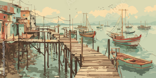 Stylized vector illustration of a tranquil fishing village with rustic wooden piers, moored boats, and weathered stilt houses by the sea.