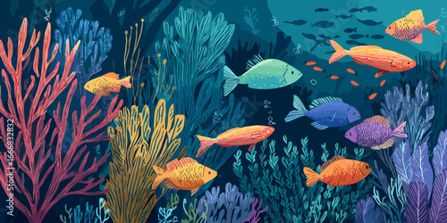 Colorful stylized fish swimming through a vibrant underwater coral reef illustration with diverse marine flora.
