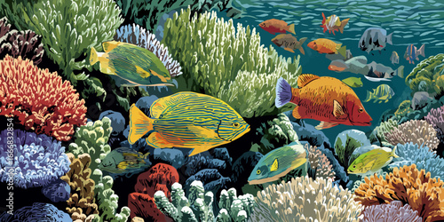 Vibrant underwater illustration of a colorful coral reef teeming with diverse tropical fish.