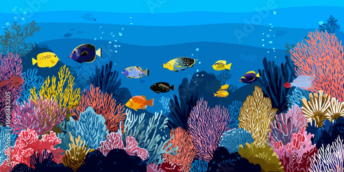 Colorful illustration of a vibrant coral reef with diverse tropical fish swimming in blue water.