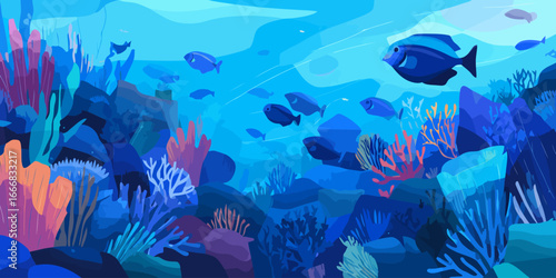 Colorful Underwater Seascape Illustration with a Vibrant Coral Reef and School of Fish.