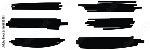 Redaction Marker Brushes Vector Set: Hand-Drawn Black Strokes, Grunge Highlights, and Abstract Underline Elements. Set of black hand drawn marker pen stroke line. Brush paint stroke set. Black stain 