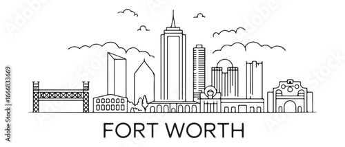 Detailed Fort Worth skyline vector illustration. Fort Worth buildings in line art style. with white background