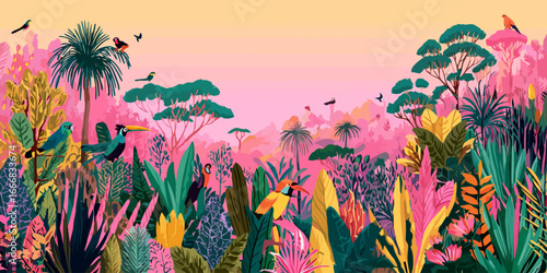 Exotic toucans and tropical birds in a vibrant, stylized jungle with lush pink and green foliage.