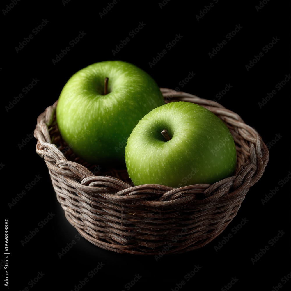 Fresh green apples in a basket studio food photography dark Fresh green apples in a basket studio food photography dark