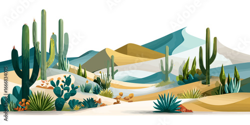 Stylized panoramic desert landscape with saguaro cacti, sand dunes, and mountains.