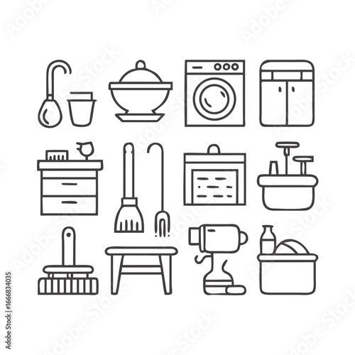 Collection of household cleaning and maintenance tools and appliances