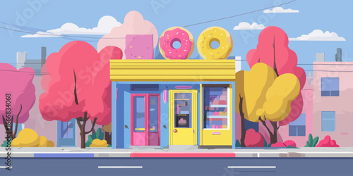 Vibrant cartoon donut shop with a yellow facade and giant pink and yellow donut signs on the roof.