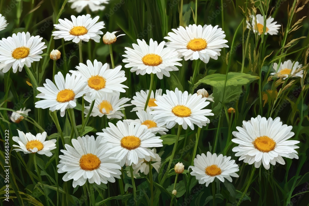 Fototapeta premium White daisies in a grassy field. Close-up view of many daisy flowers with vibrant white petals and yellow centers, growing amidst blades of green grass. Soft, painted look