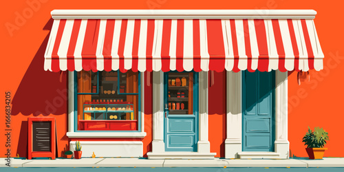 Graphic illustration of a charming storefront with a red and white striped awning and bright orange facade.