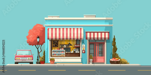 A charming cartoon illustration of a blue cafe storefront with striped awnings and a vintage red car parked outside.
