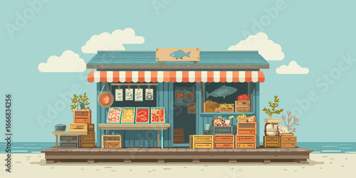 Charming seaside fish market stall with a striped awning and fresh seafood display.