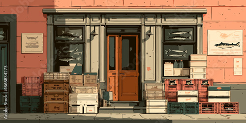 Stylized illustration of a fish market storefront with stacked crates and fish in display windows.
