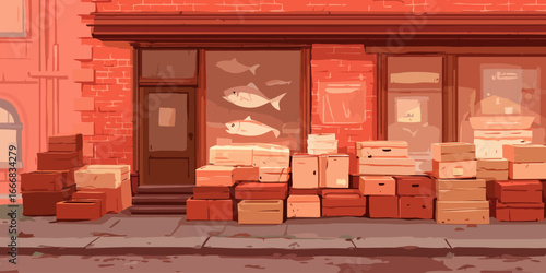 Illustrated red brick fish market storefront with stacked delivery boxes on the sidewalk.