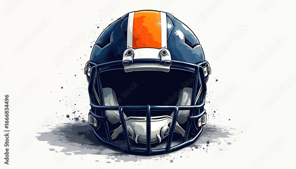 Fototapeta premium Graphic resource for American football. Features dark blue helmet with orange, white stripes. Protective face mask, white padding visible. Stylized illustration with watercolor splashes, clean lines,