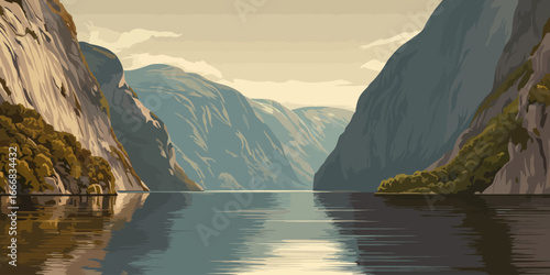 Stylized vector illustration of a majestic fjord with towering cliffs and calm, reflective water.