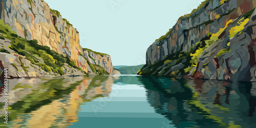 Vector illustration of a majestic fjord with steep rocky cliffs and serene, colorful water reflections.
