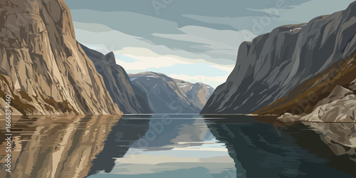 A stylized digital illustration of a majestic fjord with towering rocky cliffs and calm, reflective water under a cloudy sky.