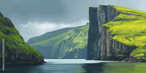 A stylized vector illustration of majestic green cliffs rising from a calm fjord under a cloudy sky.