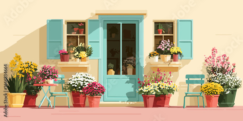 Picturesque illustrated building facade with a turquoise door, shutters, and vibrant potted flowers.
