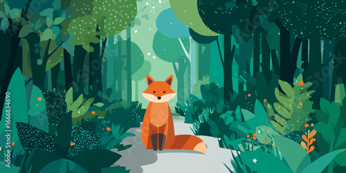 A cute, stylized orange fox with a bushy tail, sitting and looking forward in a flat vector illustration.