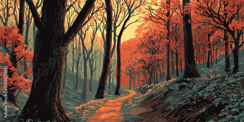 Vibrant autumn forest illustration with a sunlit path and fiery orange foliage.
