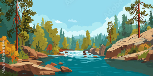 Stylized autumn landscape with a cascading river, rocky banks, and a dense pine forest.