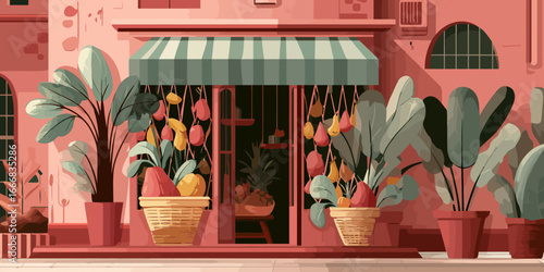 Stylized illustration of a colorful fruit market storefront with a green striped awning and lush potted plants.
