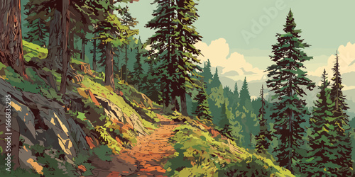 Sunlit hiking trail on a rocky, forested mountainside with tall pine trees, vector art style.