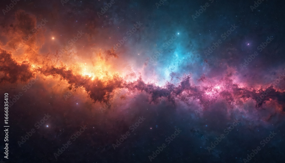 Naklejka premium Vast cosmic nebula glows in universe, featuring swirling gas, dust in orange, blue, pink hues. Celestial phenomena interstellar beauty, immensity with radiant light contrast against dark space.