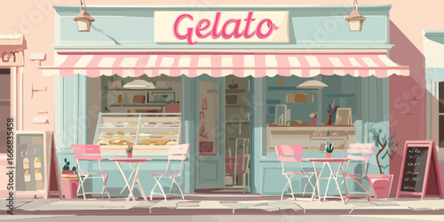 Charming pastel gelato shop facade with a pink striped awning and outdoor seating.