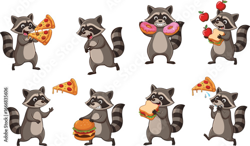 Cute cartoon raccoons eating fast food, pizza, donuts, burgers, apples, sandwiches, funny animals, food lovers, adorable character design, vector set.
