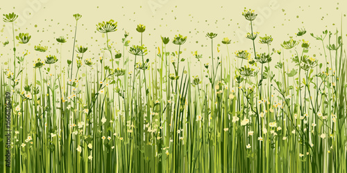 Lush field of stylized green wildflowers and tall grass in a painterly, modern illustration.