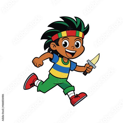 Vector art of a funny cartoon pirate boy character with a hat and a sword