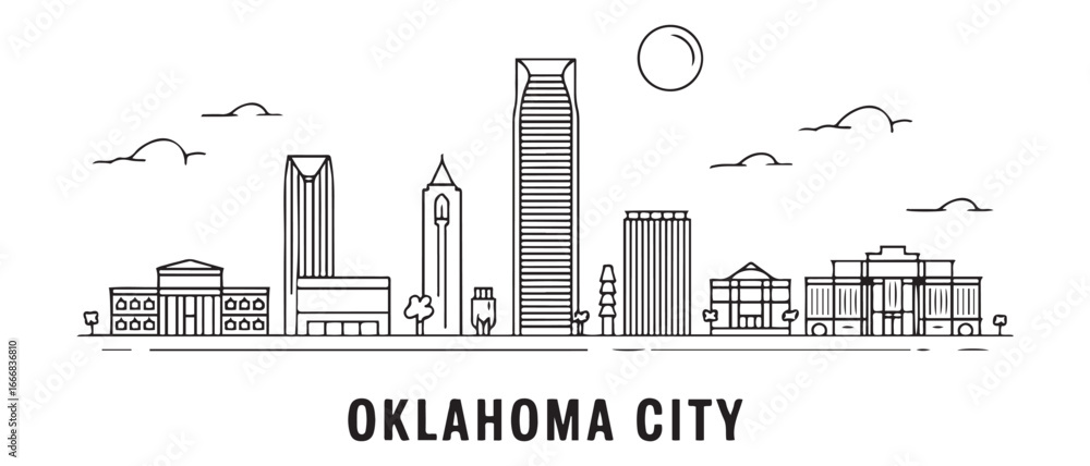 Naklejka premium Detailed Oklahoma City skyline vector illustration. Oklahoma City buildings in line art style. with white background