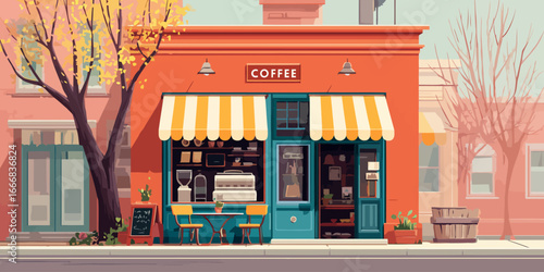 Charming urban coffee shop illustration with a bright orange facade and yellow striped awnings.