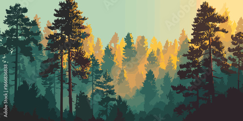 A stylized pine forest with layered silhouettes of trees bathed in warm golden sunlight.