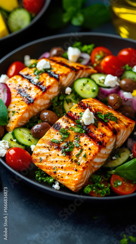 Appetizing grilled salmon fillet with Greek salad on a dark plate. Gourmet dish for a healthy, low-carb, high-protein diet like Mediterranean and Keto. Concept of clean eating and weight loss.